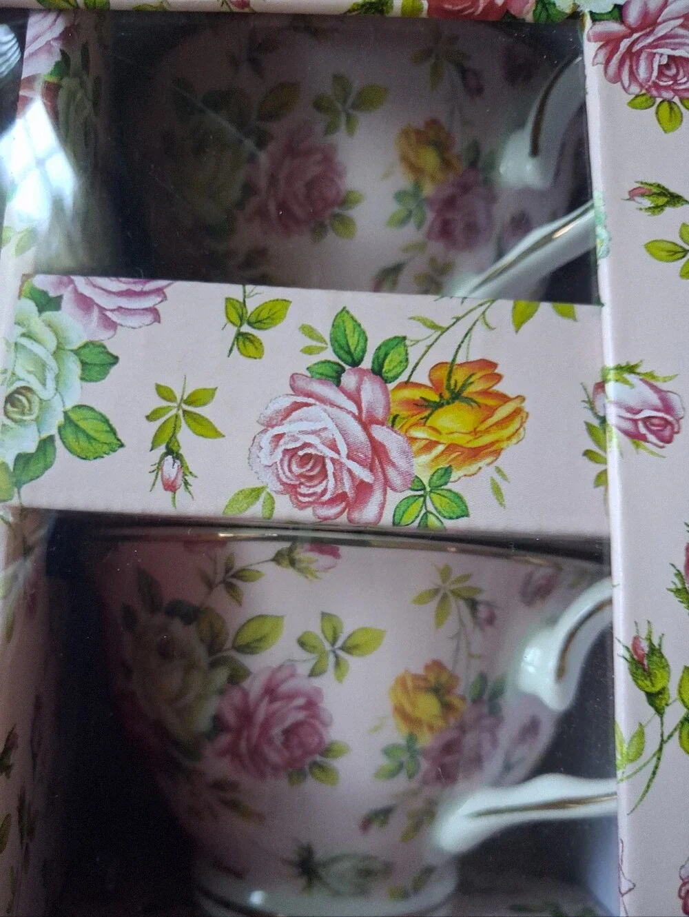 Floral Porcelain Tea Set with Gold Spoons - Pink Rose Pattern